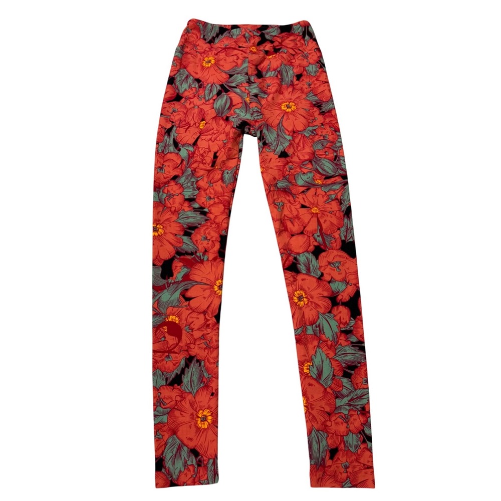 LuLaRoe Womens Floral Leggings Red Orange Green OS One Size High Waist Stretch